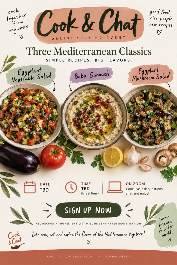 Cook & Chat poster: three Mediterranean classics
